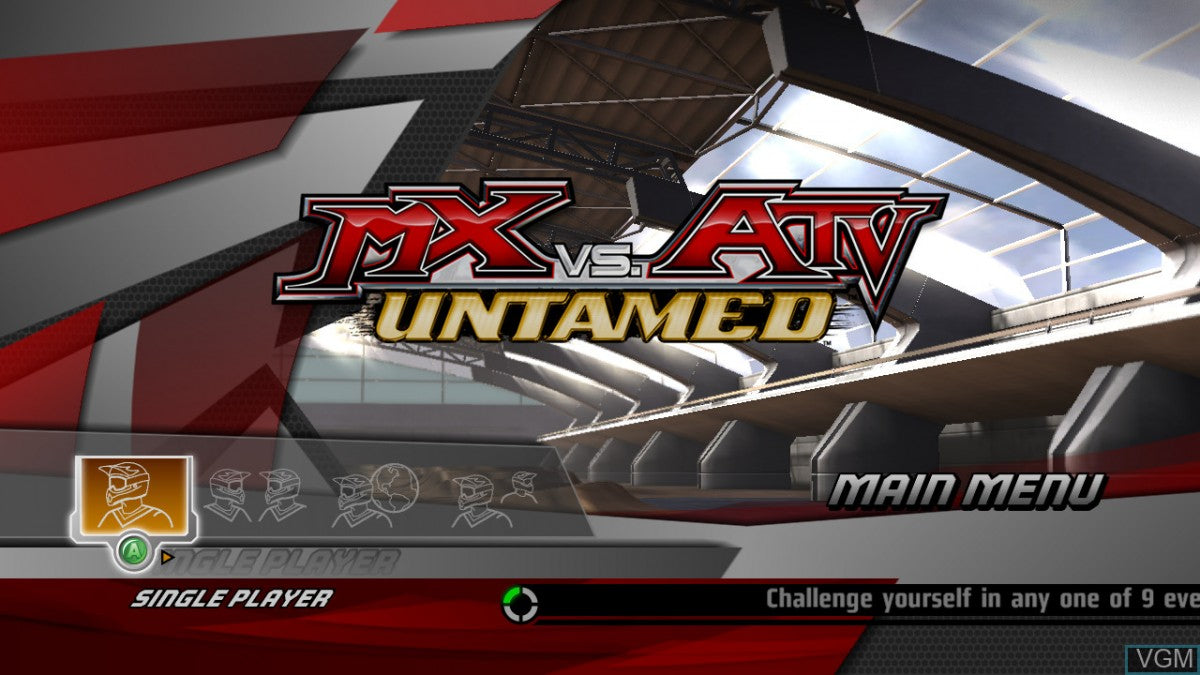 MX vs ATV Untamed Platinum Hits Xbox 360 off-road racing video game X-Cross tournament bringing together eight racing series monster trucks trophy trucks ORV sport vehicles professional riders Ricky Carmichael Chad Reed Rhythm Racing physics engine power slides whips scrubs massive outdoor environments customization online multiplayer competition main menu title screen game select
