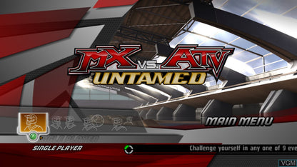 MX vs ATV Untamed Platinum Hits Xbox 360 off-road racing video game X-Cross tournament bringing together eight racing series monster trucks trophy trucks ORV sport vehicles professional riders Ricky Carmichael Chad Reed Rhythm Racing physics engine power slides whips scrubs massive outdoor environments customization online multiplayer competition main menu title screen game select