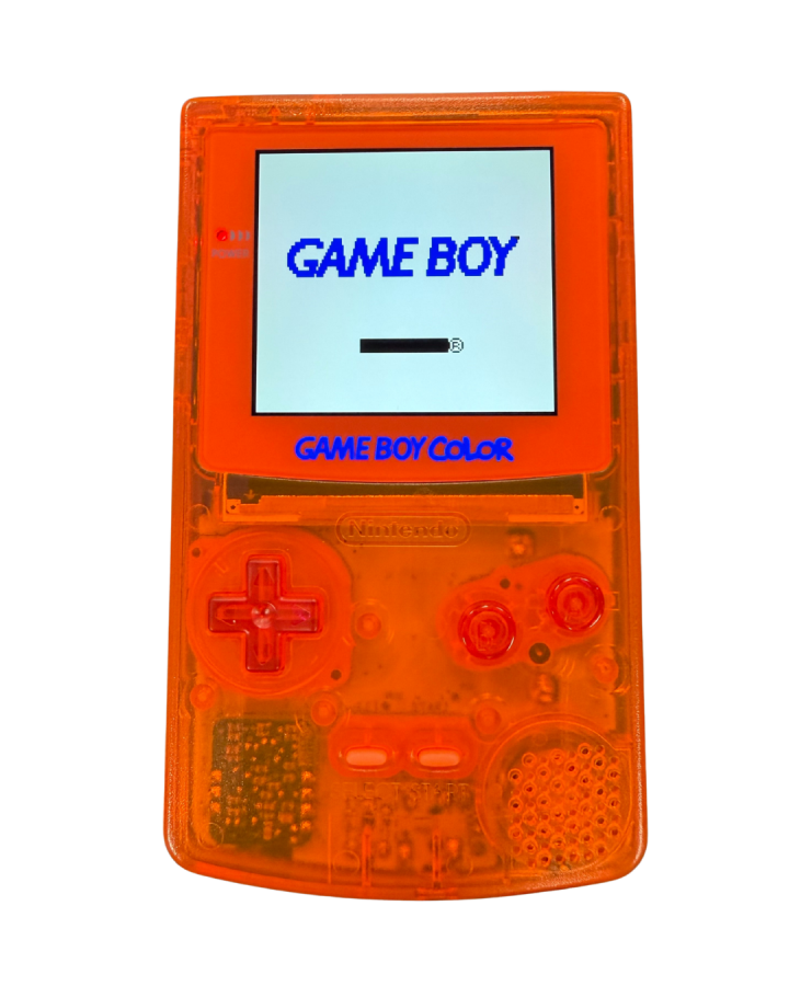 Front view of a clear orange custom Nintendo Game Boy Color turned on, showcasing the bright backlit IPS screen with buttons and speaker visible.