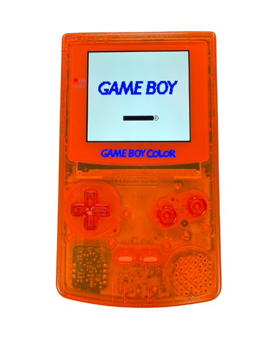 Front view of a clear orange custom Nintendo Game Boy Color turned on, showcasing the bright backlit IPS screen with buttons and speaker visible.