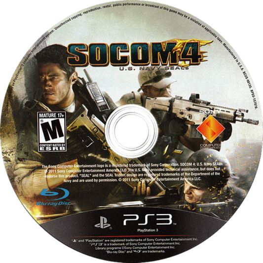 SOCOM 4 U.S. Navy SEALs PlayStation 3 PS3 video game, tactical shooter, military action, multiplayer gameplay, Sony console title disc