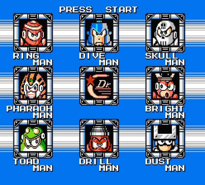 Mega Man 4 cartridge for the Nintendo Entertainment System featuring the classic blue robot hero battling Dr. Wily in a retro 8-bit side-scrolling action platformer gameplay