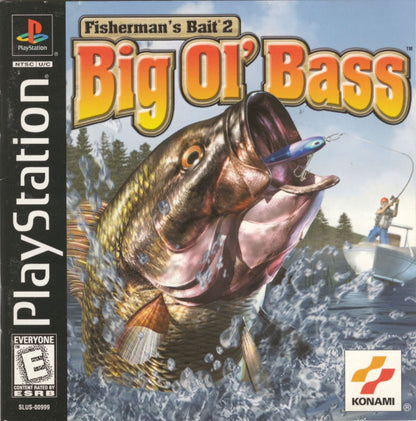 Big Ol’ Bass Fisherman’s Bait 2 PlayStation 1 game featuring realistic fishing simulation, authentic tournament action, and classic late-90s sports gameplay cover art