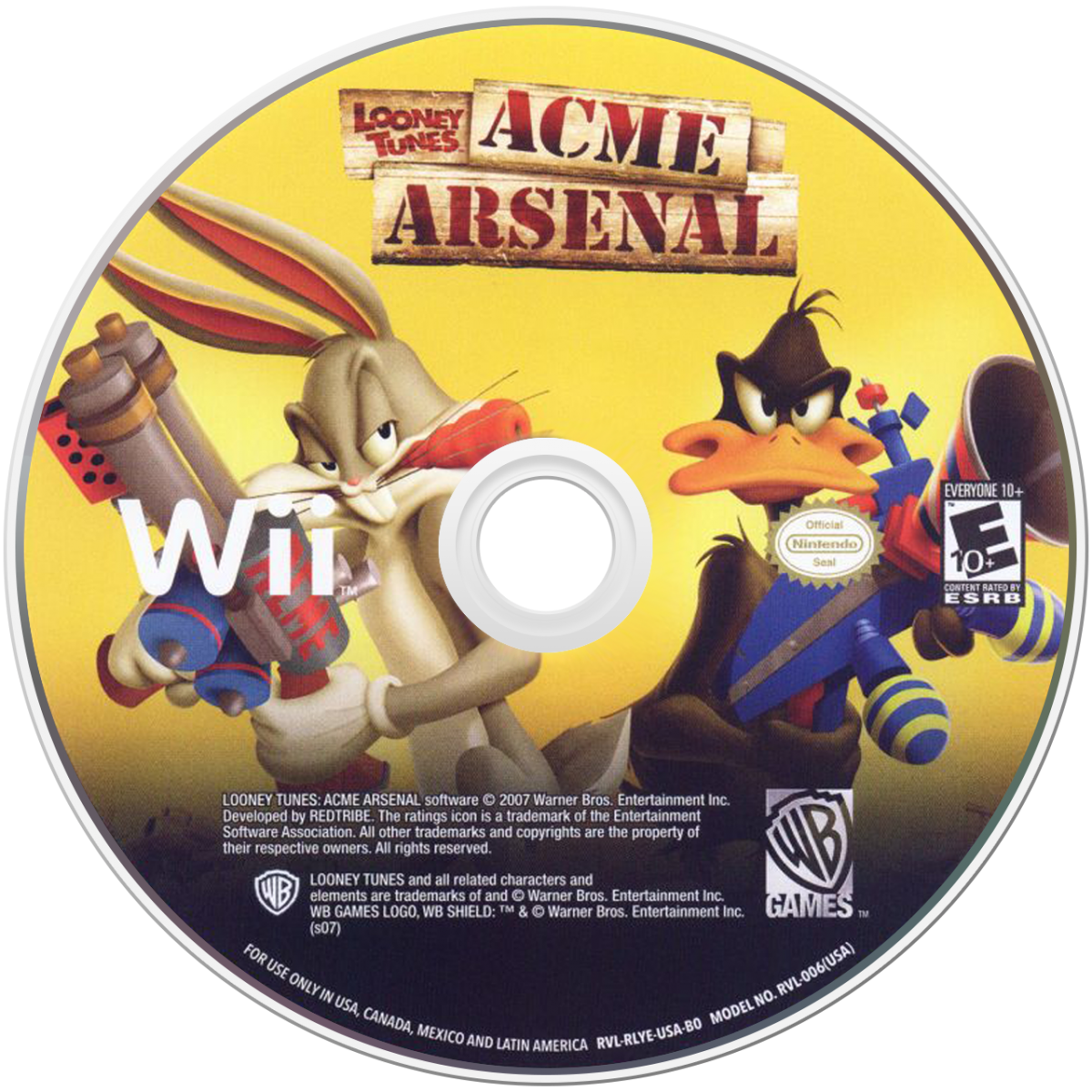 Looney Tunes Acme Arsenal Nintendo Wii for action adventure video game fans featuring classic Looney Tunes characters fast paced platforming combat time travel storyline motion controls cooperative multiplayer colorful cartoon action family friendly gameplay collectible gaming appeal front cover disc