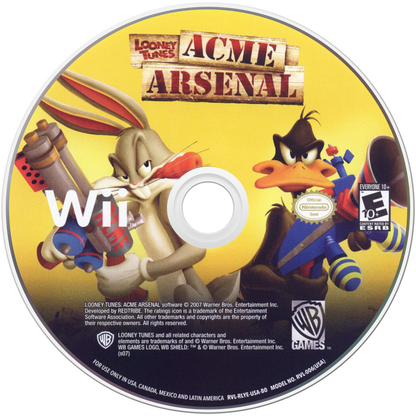 Looney Tunes Acme Arsenal Nintendo Wii for action adventure video game fans featuring classic Looney Tunes characters fast paced platforming combat time travel storyline motion controls cooperative multiplayer colorful cartoon action family friendly gameplay collectible gaming appeal front cover disc