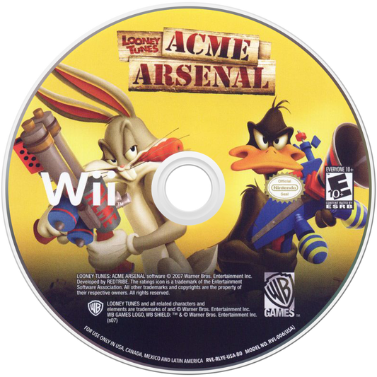 Looney Tunes Acme Arsenal Nintendo Wii for action adventure video game fans featuring classic Looney Tunes characters fast paced platforming combat time travel storyline motion controls cooperative multiplayer colorful cartoon action family friendly gameplay collectible gaming appeal front cover disc