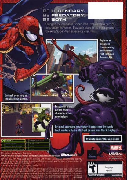 Ultimate Spider-Man Xbox XBOX for action adventure video game fans featuring open world superhero gameplay web swinging exploration intense combat missions Marvel characters Venom storyline comic book inspired visuals city traversal special abilities cinematic storytelling collectible gaming appeal back cover art