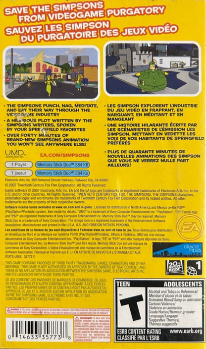 The Simpsons Game PlayStation Portable PSP inspired design featuring comedic action platform adventure aesthetic cel shaded Springfield inspired environments parody driven storytelling playable Simpson family characters humorous side scrolling gameplay and animated cartoon presentation back cover