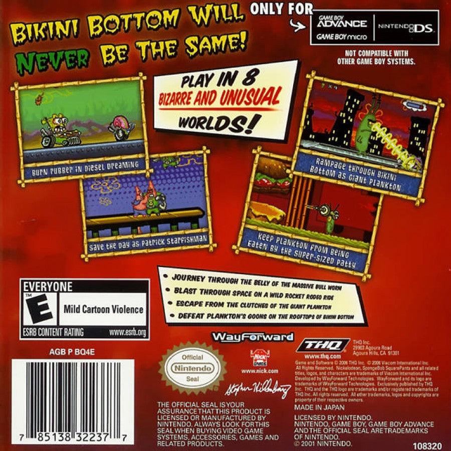 SpongeBob SquarePants Creature from the Krusty Krab Nintendo DS DS action adventure game featuring SpongeBob Patrick and Plankton surreal levels platforming challenges flying sequences boss battles and Nickelodeon cartoon gameplay retro video game collection collectible gaming appeal back cover