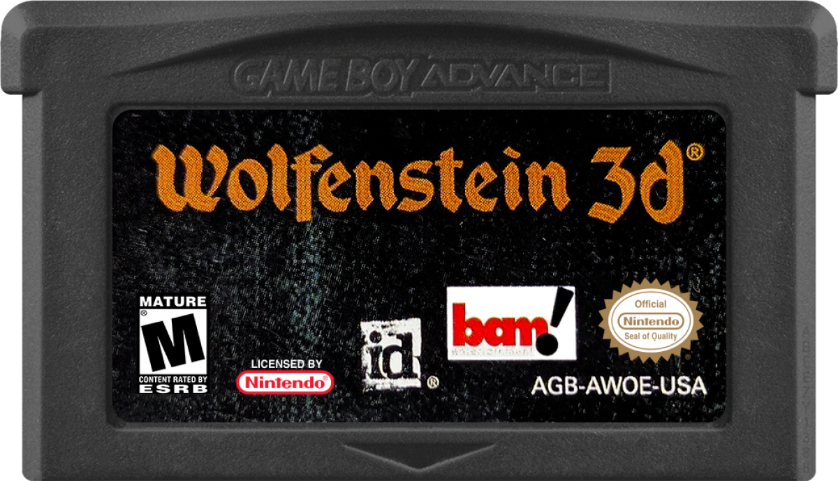 Wolfenstein 3D Game Boy Advance GBA video game featuring first person shooter gameplay Nazi fortress exploration weapon combat enemy encounters secret rooms mission based action and classic handheld gaming retro video game collection collectible gaming appeal cartridge