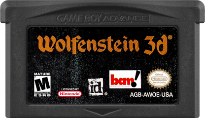 Wolfenstein 3D Game Boy Advance GBA video game featuring first person shooter gameplay Nazi fortress exploration weapon combat enemy encounters secret rooms mission based action and classic handheld gaming retro video game collection collectible gaming appeal cartridge