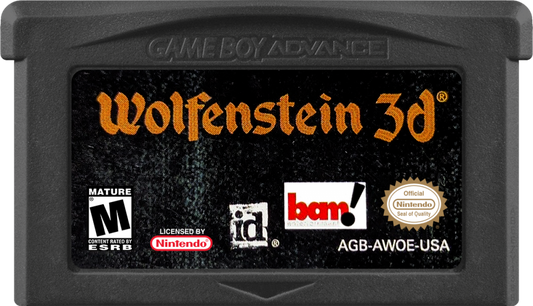Wolfenstein 3D Game Boy Advance GBA video game featuring first person shooter gameplay Nazi fortress exploration weapon combat enemy encounters secret rooms mission based action and classic handheld gaming retro video game collection collectible gaming appeal cartridge
