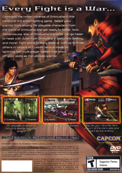 Onimusha: Blade Warriors – PlayStation 2 (PS2) video game back of case, 3D fighting action game.