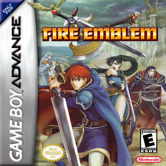 Fire Emblem cartridge for the Game Boy Advance featuring tactical RPG gameplay with grid based battles character recruitment permadeath mechanics and a fantasy storyline following Eliwood Hector and Lyn cover art