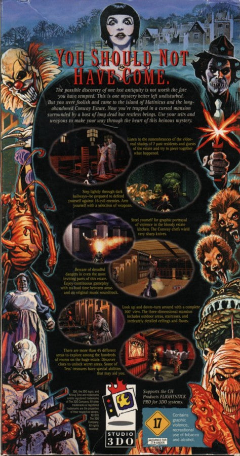 Killing Time 3DO Interactive Multiplayer for retro video game enthusiasts featuring first person shooter gameplay supernatural horror atmosphere haunted mansion exploration puzzle solving fast paced combat eerie environments and collectible gaming appeal back art  