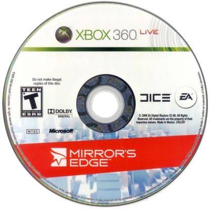 Mirrors Edge Xbox 360 video game featuring first person parkour gameplay fluid free running combat futuristic city environments and critically acclaimed EA action adventure title disc