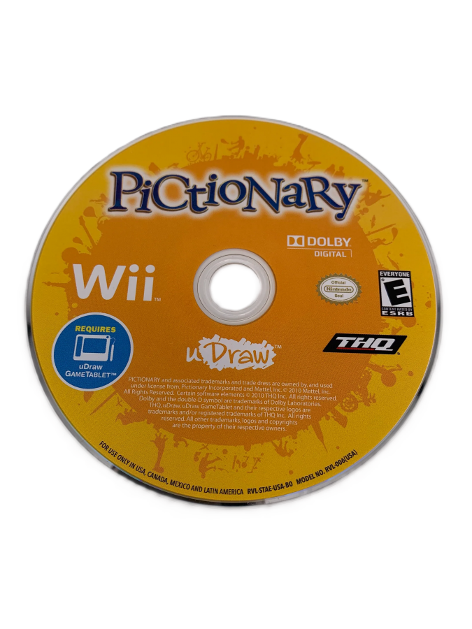 uDraw w/Pictionary disc art for Nintendo Wii (Wii) featuring party drawing challenges with the uDraw GameTablet, guessing words and creating quick sketches.