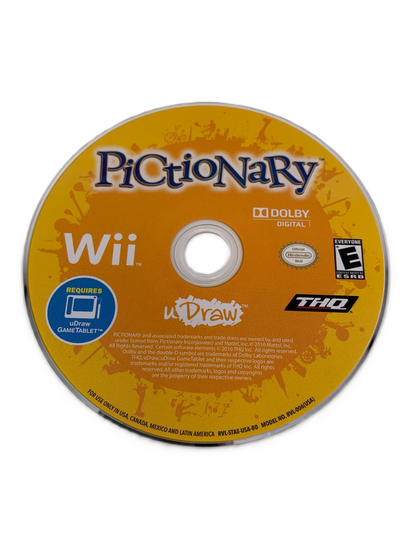 uDraw w/Pictionary disc art for Nintendo Wii (Wii) featuring party drawing challenges with the uDraw GameTablet, guessing words and creating quick sketches.