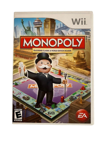 Monopoly for Wii digital board game video game featuring family friendly multiplayer gameplay iconic Monopoly properties and classic turn based strategy experience front cover