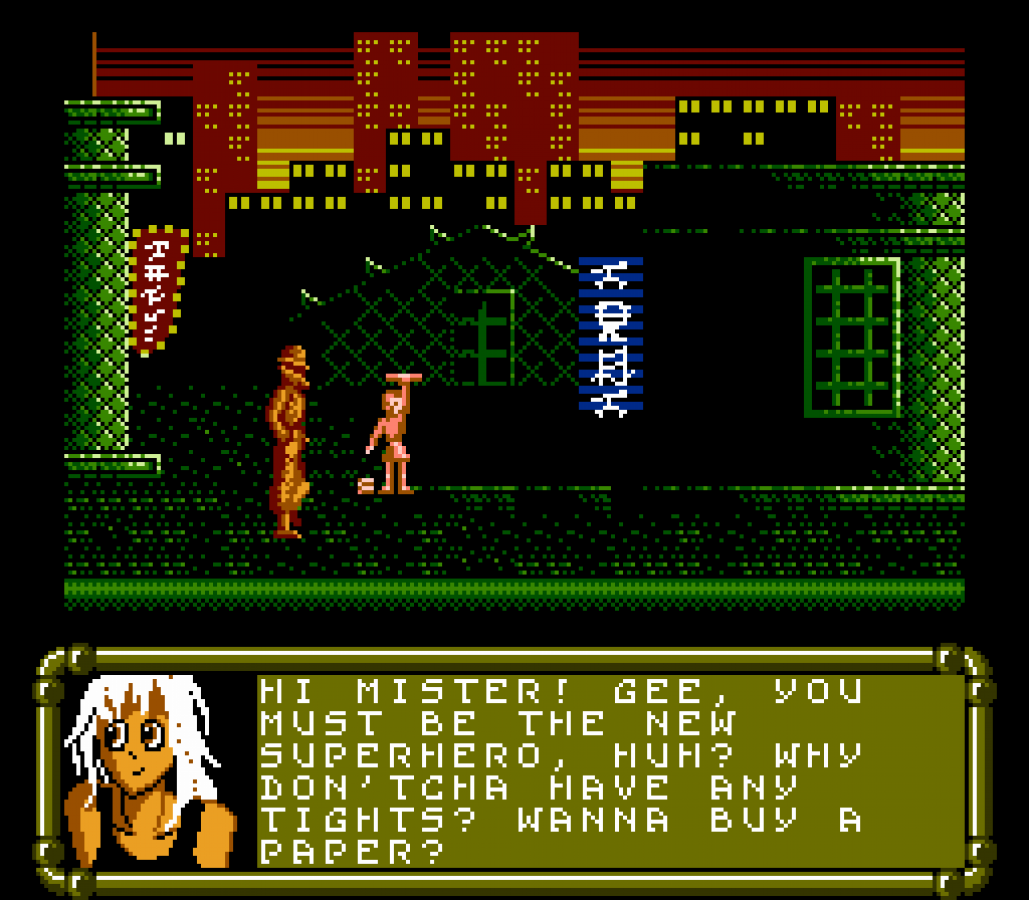 Nightshade Nintendo Entertainment System inspired design featuring classic action adventure gameplay aesthetic comic book inspired crime fighting hero mystery solving challenges side scrolling exploration retro 8 bit gaming atmosphere nostalgic NES presentation gamaplay