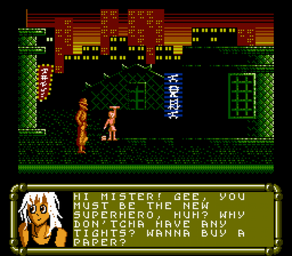 Nightshade Nintendo Entertainment System inspired design featuring classic action adventure gameplay aesthetic comic book inspired crime fighting hero mystery solving challenges side scrolling exploration retro 8 bit gaming atmosphere nostalgic NES presentation gamaplay