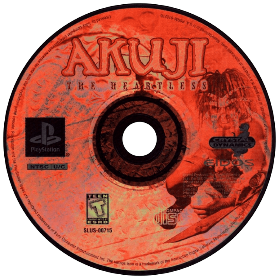Akuji the Heartless PlayStation 1 PS1 for action adventure retro video game fans featuring voodoo mythology dark fantasy exploration hack and slash combat supernatural enemies atmospheric environments cinematic gameplay collectible gaming appeal disc