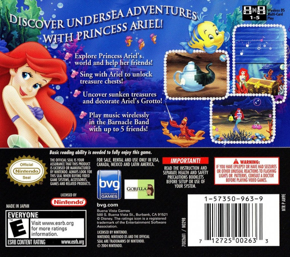 Disney’s The Little Mermaid Ariel’s Undersea Adventure Nintendo DS video game, action platformer, underwater adventure gameplay, family-friendly handheld console title back cover