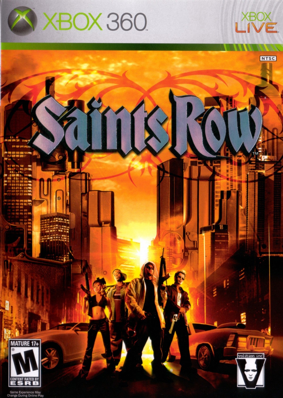 Saints Row for Xbox 360 open world action adventure video game featuring urban crime sandbox gameplay character customization gang warfare and explosive third person action experience cover art