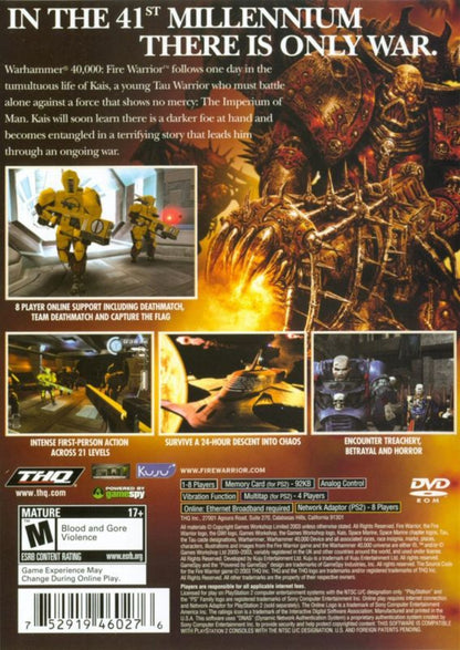 Warhammer 40,000: Fire Warrior – PlayStation 2 (PS2) video game back of case, first-person shooter.