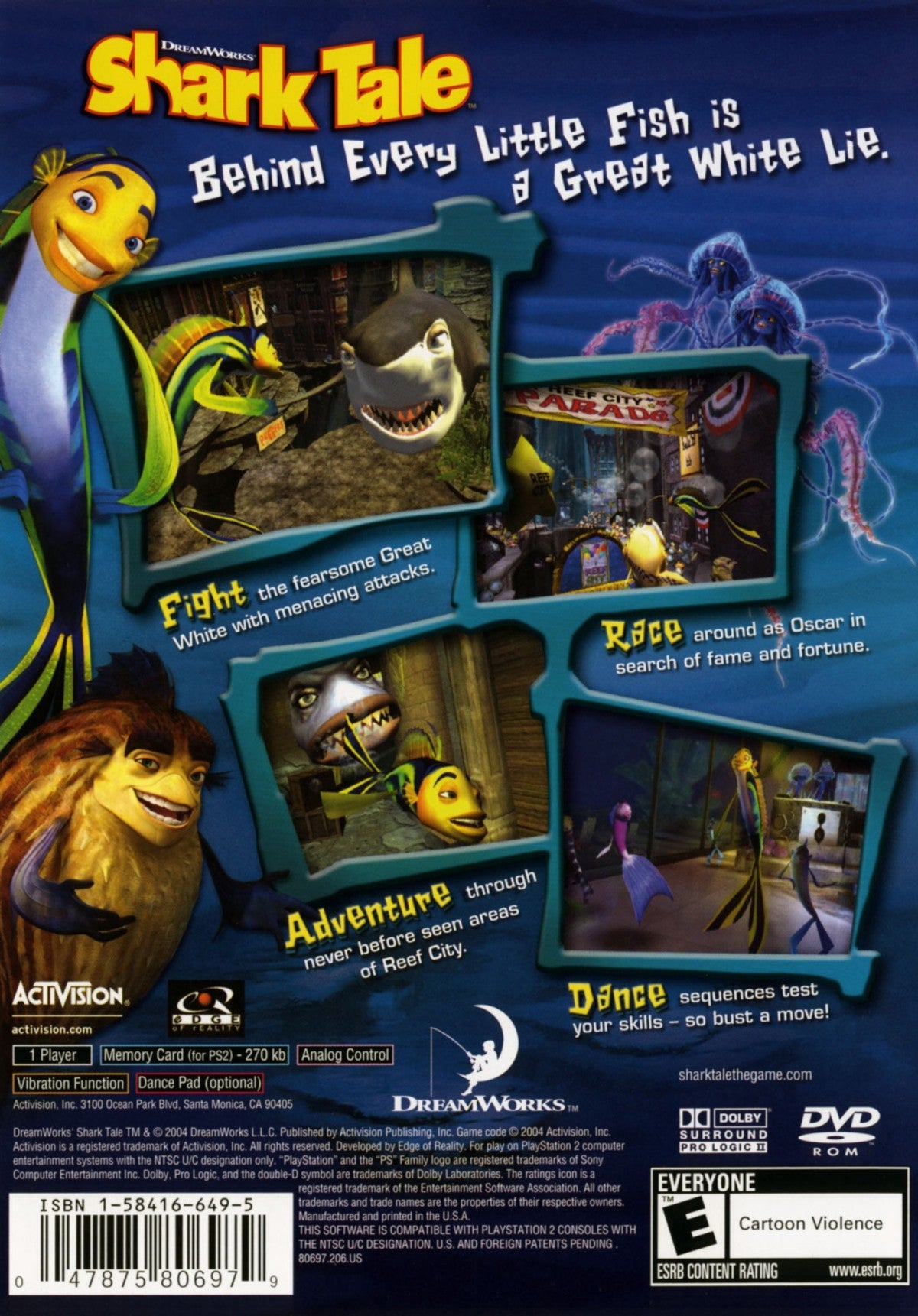 Shark Tale disc for the PlayStation 2 featuring action adventure gameplay based on the DreamWorks film with underwater missions mini games and story driven levels starring Oscar and friends in Reef City back cover 