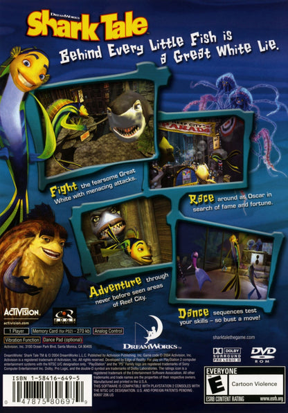Shark Tale disc for the PlayStation 2 featuring action adventure gameplay based on the DreamWorks film with underwater missions mini games and story driven levels starring Oscar and friends in Reef City back cover 