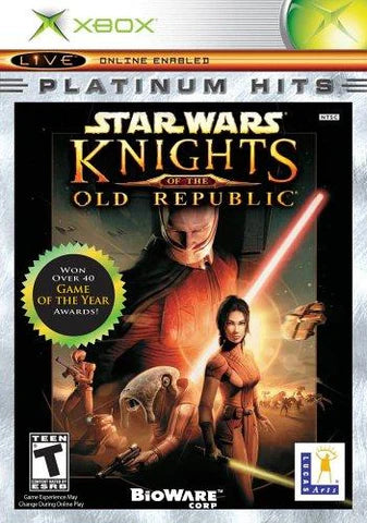 Star Wars Knights of the Old Republic Platinum Hits Xbox XBOX for retro video game enthusiasts featuring classic role playing gameplay Star Wars storytelling lightsaber combat character customization party management planetary exploration branching choices and collectible gaming appeal front cover art