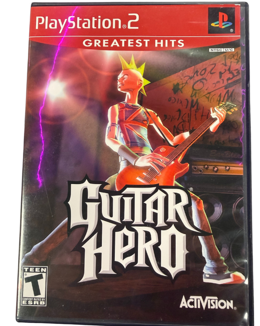 Guitar Hero Greatest Hits PlayStation 2 PS2 video game, music rhythm gameplay, rock band songs compilation, guitar controller action, console title cover
