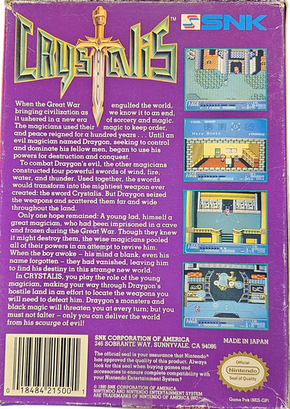 Crystalis Complete in Box CIB Nintendo Entertainment System NES for retro video game enthusiasts featuring classic action role playing gameplay fantasy adventure real time sword combat expansive world exploration character progression complete in box collectible gaming appeal box back