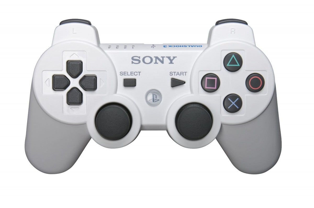 White DualShock 3 wireless controller for PlayStation 3 gaming console.