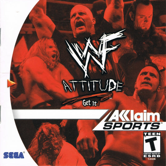 WWF Attitude game for the Sega Dreamcast featuring professional wrestling gameplay with licensed WWF superstars grappling moves signature finishers career mode and multiplayer matches in arcade style wrestling arenas front cover 