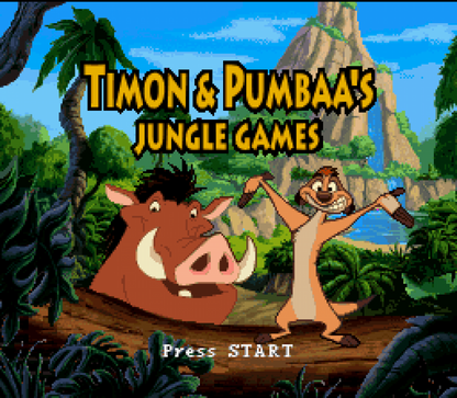 Timon and Pumbaa Jungle Games Super Nintendo Entertainment System SNES video game featuring mini game collection gameplay Timon and Pumbaa characters jungle themed challenges arcade style activities puzzle games action challenges and classic 16 bit Nintendo gameplay retro video game collection collectible gaming appeal gameplay