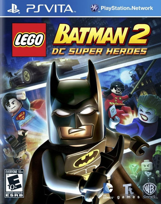 LEGO Batman 2 DC Super Heroes retro PS Vita video game LEGO Batman superhero action adventure puzzle solving cooperative gameplay DC Comics handheld console title PlayStation Vita release cover art