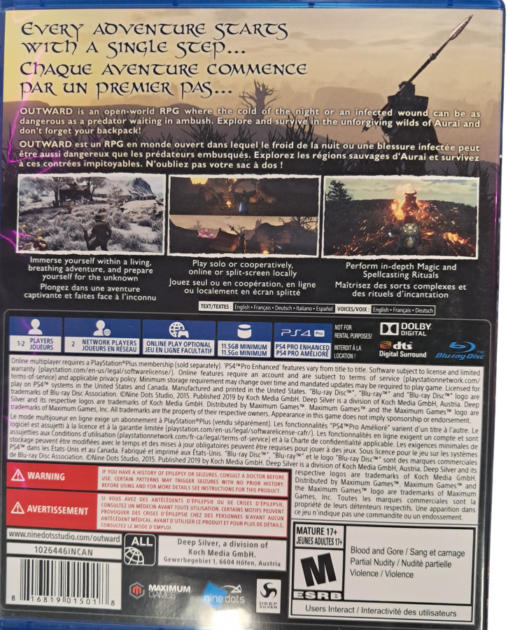 Outward PS4 inspired design featuring open world fantasy role playing adventure aesthetic survival mechanics cooperative exploration dangerous wilderness magic and melee combat immersive journey realistic RPG progression presentation back cover