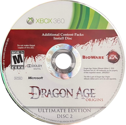 Dragon Age Origins Ultimate Edition for Xbox 360 role playing video game featuring the complete epic fantasy campaign all DLC deep character choices tactical combat and immersive BioWare storytelling experience disc 2