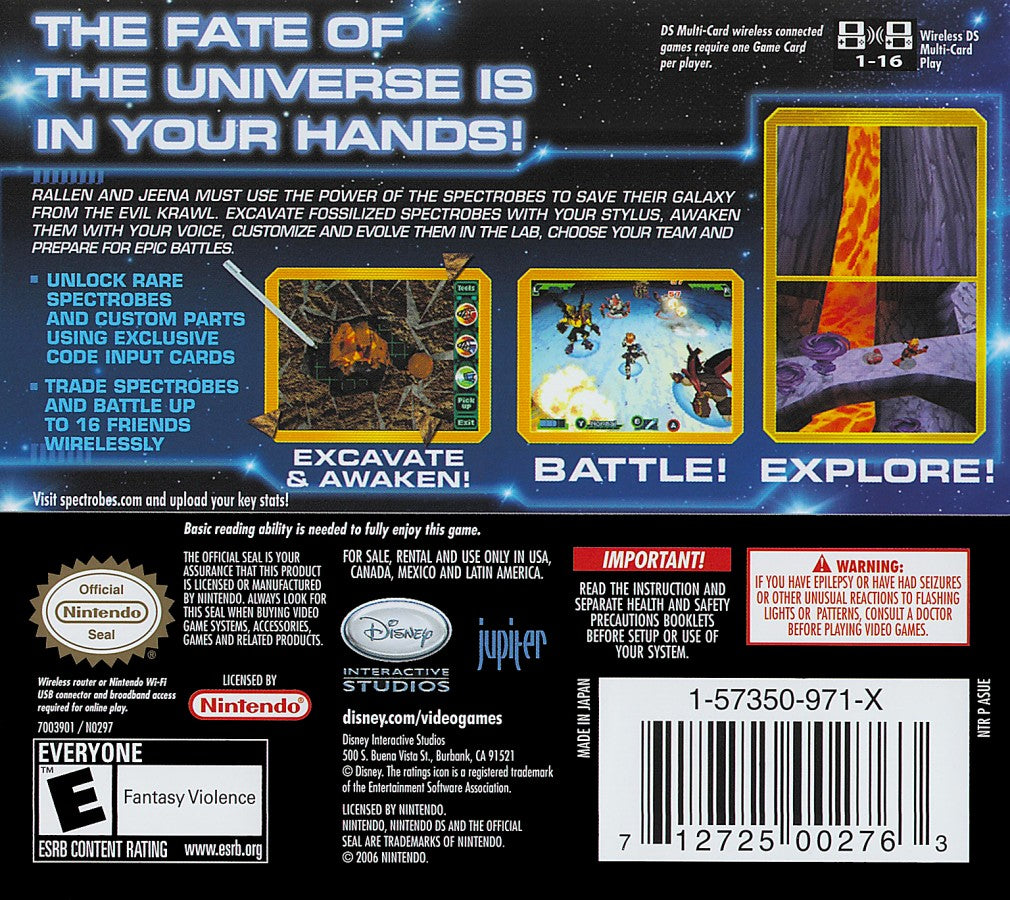 Spectrobes for Nintendo DS action RPG video game featuring real time combat fossil excavation mechanics creature collection and evolution sci fi storyline and stylus driven gameplay experience back cover