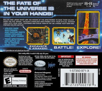 Spectrobes for Nintendo DS action RPG video game featuring real time combat fossil excavation mechanics creature collection and evolution sci fi storyline and stylus driven gameplay experience back cover