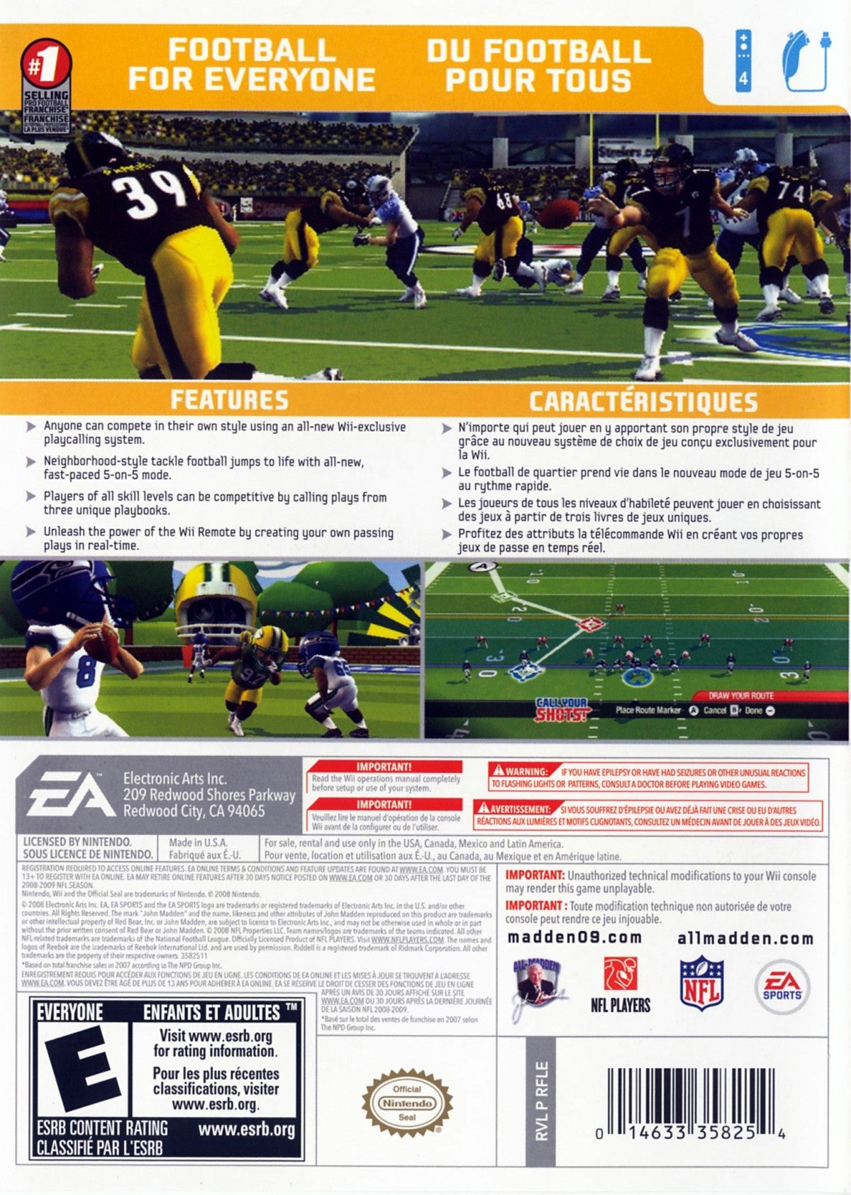 Madden NFL 09: All-Play – Nintendo Wii (Wii) American football sports simulation video game back of case