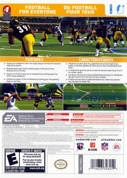 Madden NFL 09: All-Play – Nintendo Wii (Wii) American football sports simulation video game back of case