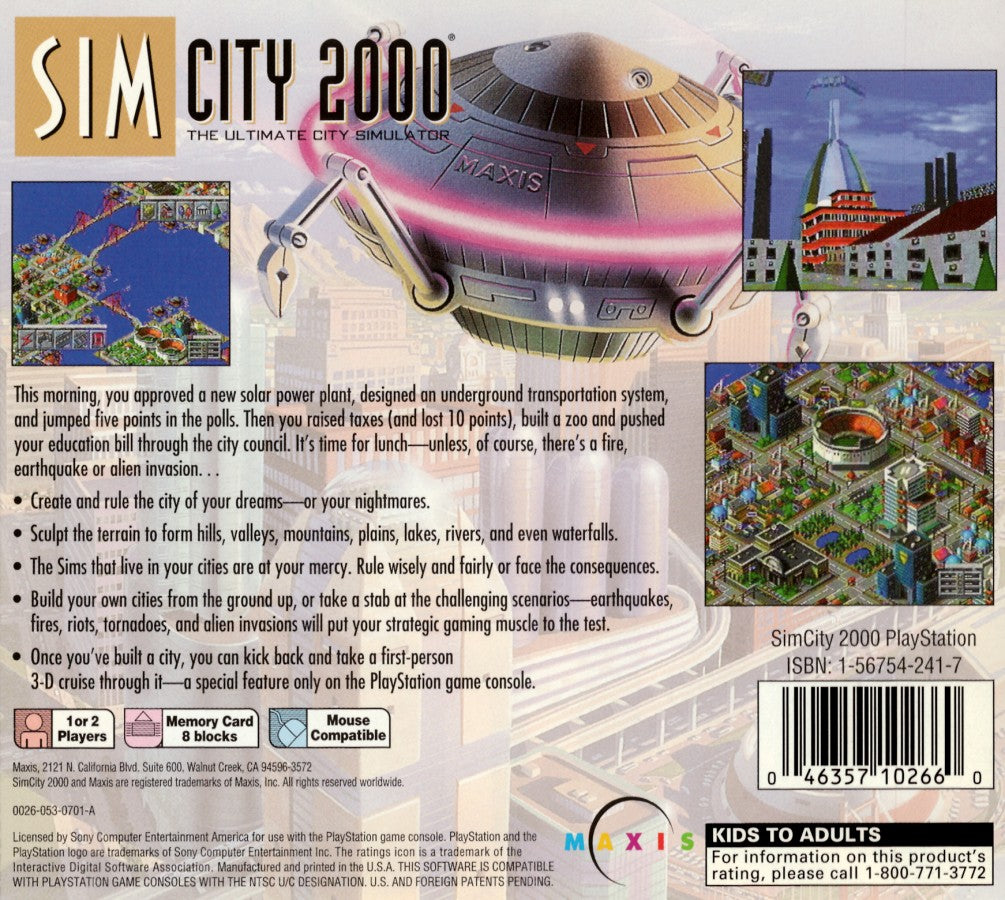 SimCity 2000 for PlayStation 1, back of case for a city-building simulation video game with urban planning, resource management, infrastructure development, and classic strategy gameplay