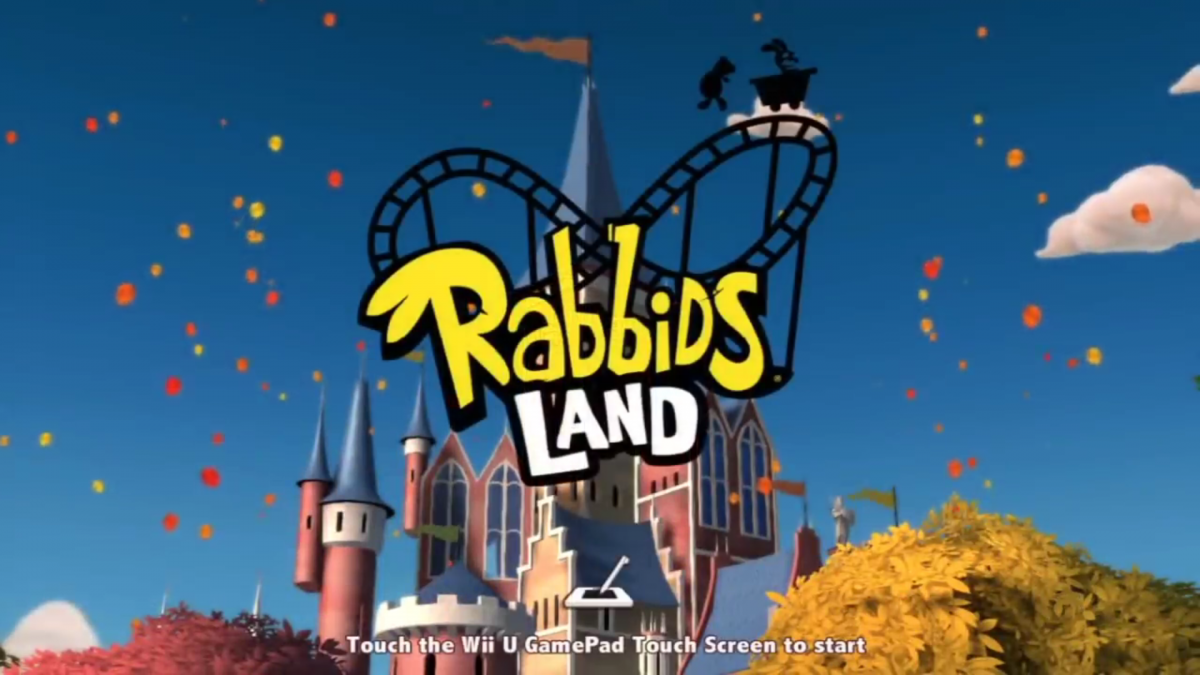 Rabbids Land party game retro video game for Nintendo Wii U (Wii U), featuring the mischievous Rabbids in a theme-park adventure title screen