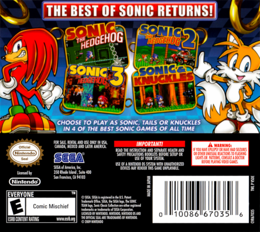 Sonic Classic Collection back cover art for Nintendo DS (DS) video game  