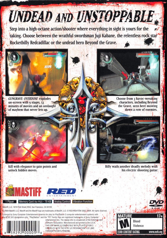 Gungrave Overdose PS2 PlayStation 2 action shooter third person gun combat game retro video game back of case