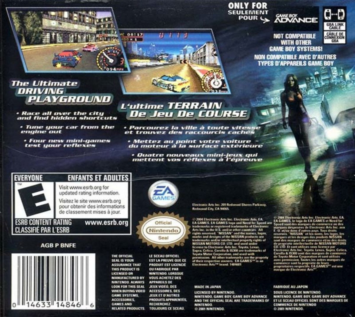 Need for Speed Underground 2 Game Boy Advance GBA video game, racing action, street car customization, handheld console title back cover art