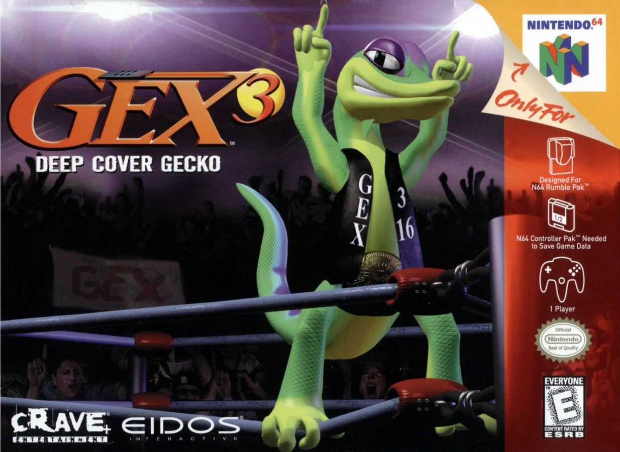 Gex 3 Deep Cover Gecko Nintendo 64 N64 video game, game only cartridge, action platformer, cartoon-style adventure, classic Nintendo title front cover